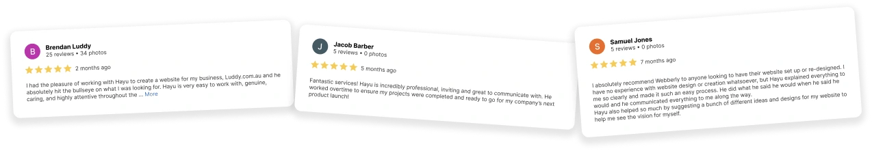 Happy customers leaving positive reviews about Webberly's website, SEO, automation services.