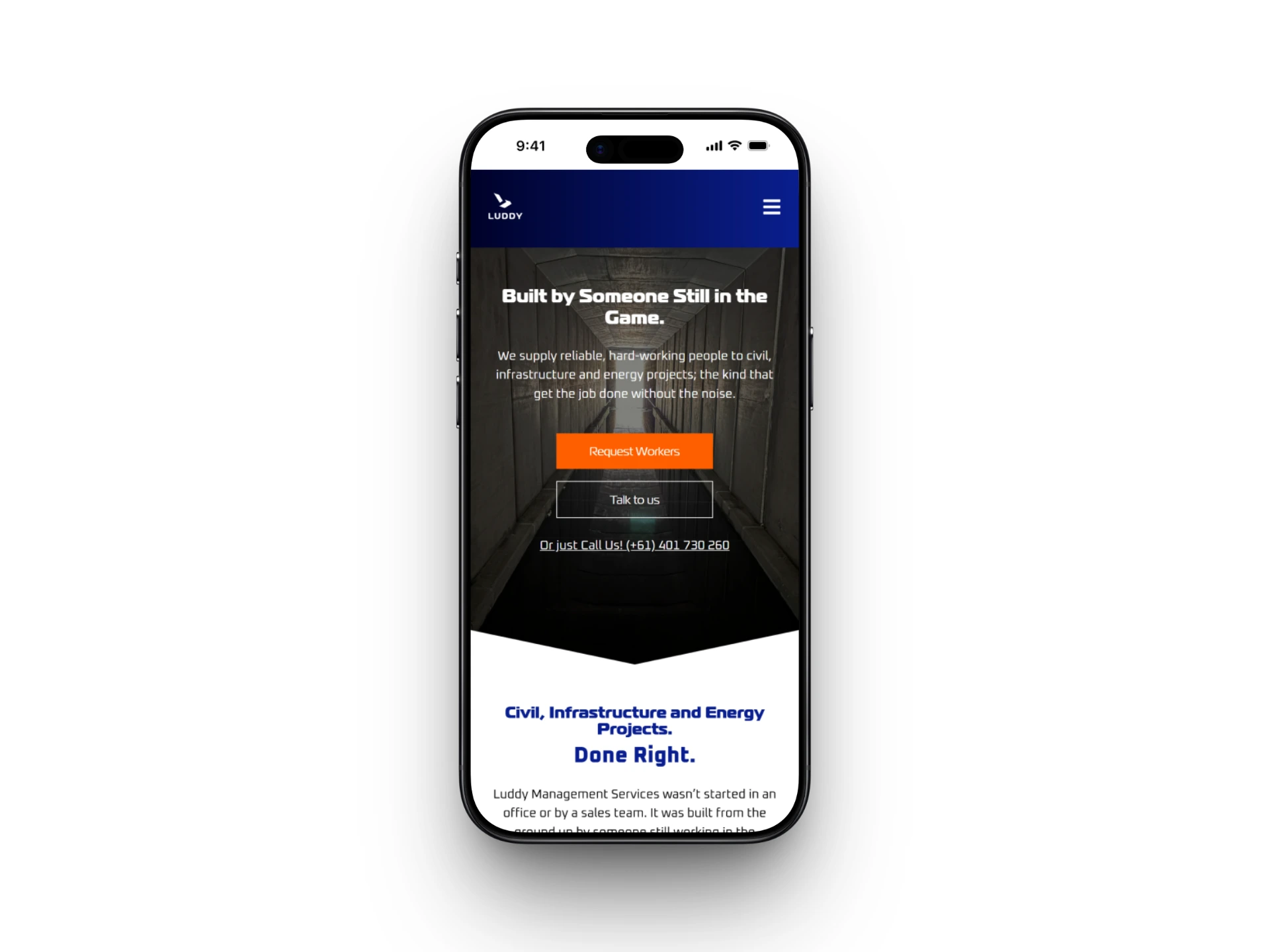 Mobile view of Luddy Management Services homepage, built by Webberly