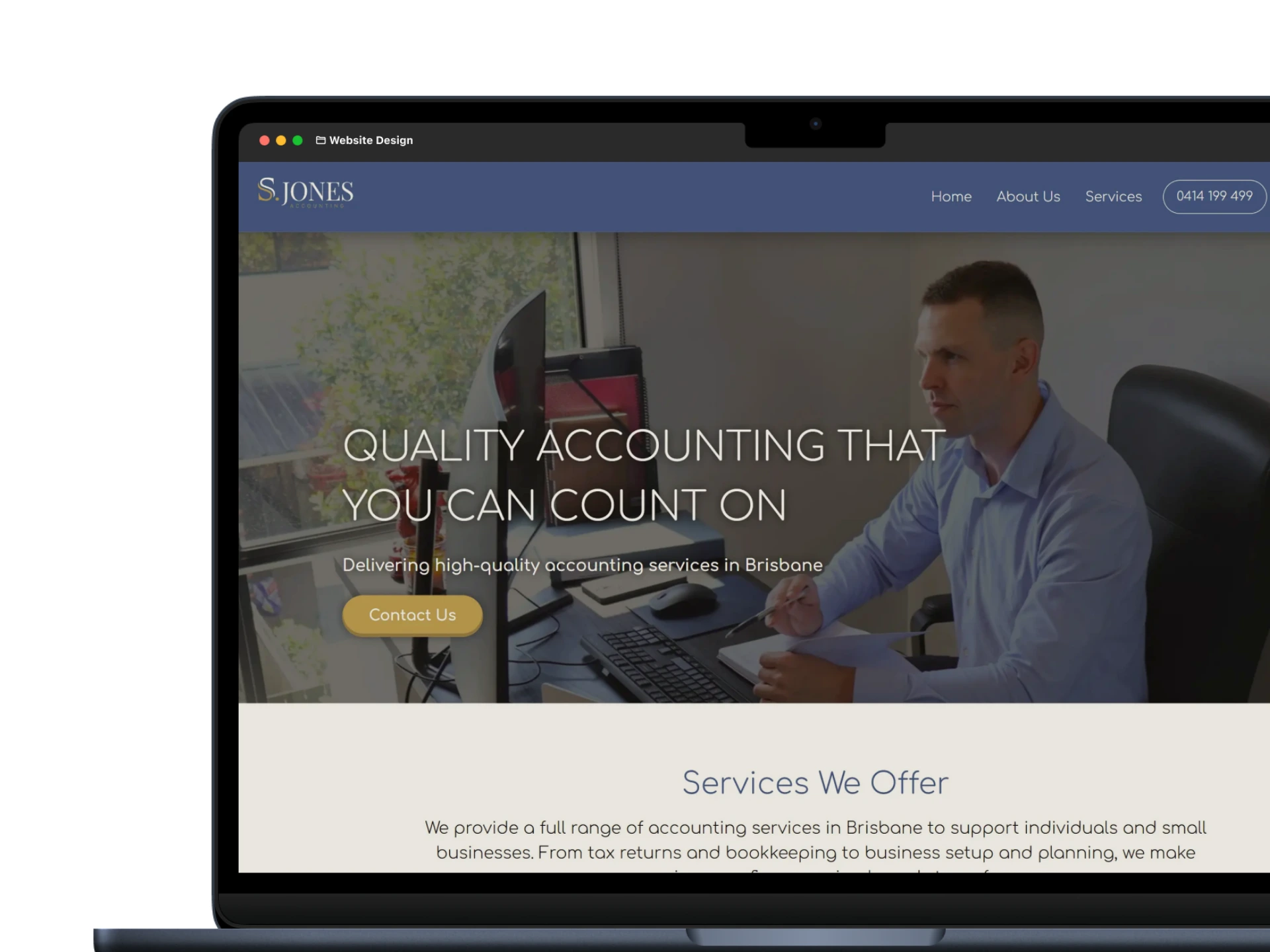 Laptop view of S. Jones Accounting's homepage, built by Webberly