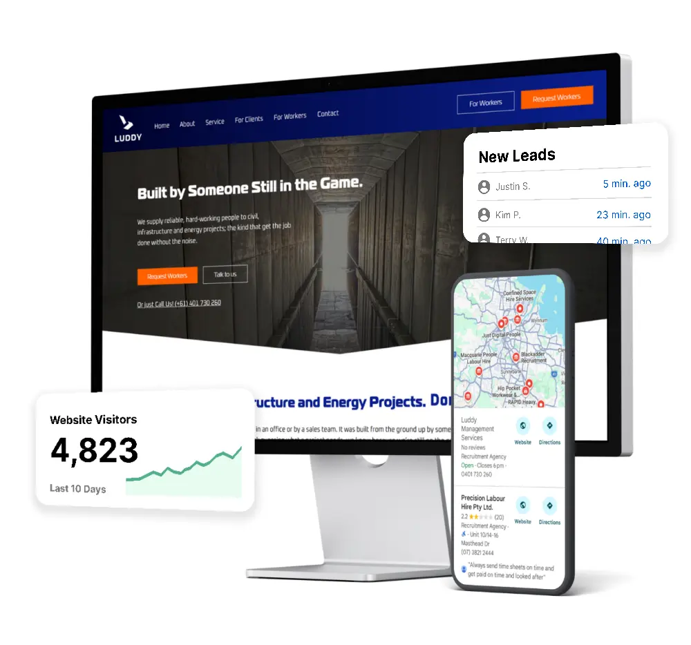 Showcase of Webberly's Services, such as a computer with website design, panel with website visitor analytics and Google Business Profile on a mobile phone.